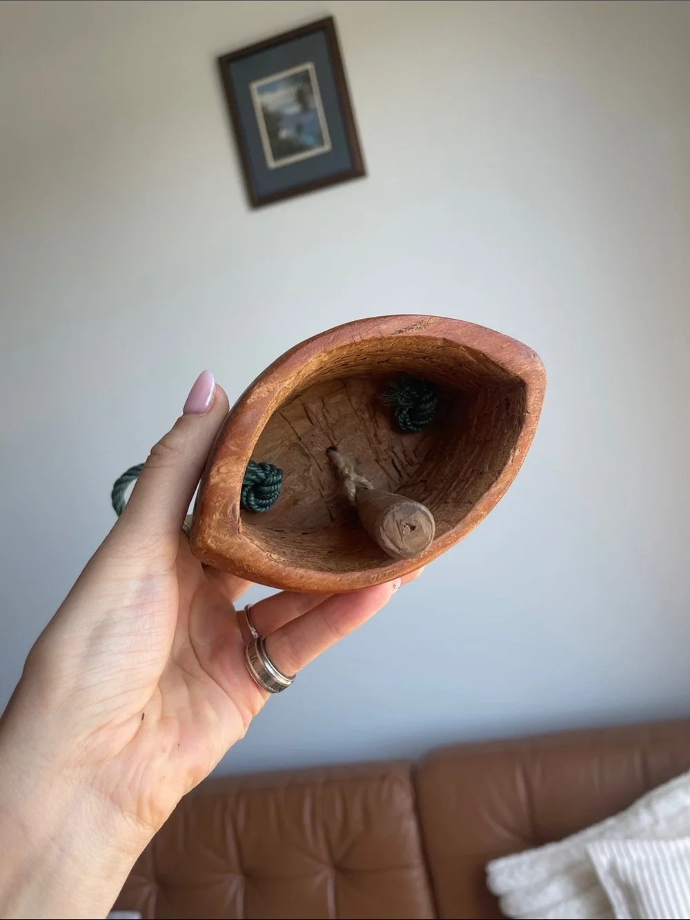 Handcrafted Brown Wooden Bell with Green Rope - Home Wall Decor